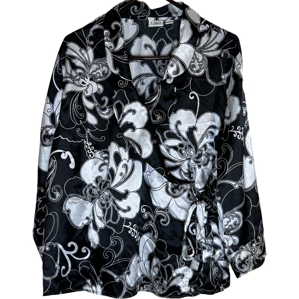 Cato Woman Black White Floral Print Wrap Style Blouse Shirt Top Plus Size 26 28W - Picture 2 of 13